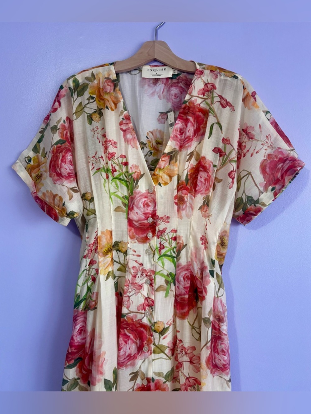 Floral V-Neck Button Front Midi Dress - Cream with Pink Roses - Picture 6 of 10